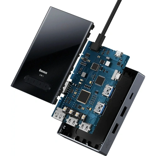 HUB Baseus PioneerJoy USB-C / HDMI 4K@60Hz, HDMI 4K@30Hz, DisplayPort 8K@30Hz, VGA, 2xUSB-A 3.0, 2xUSB-C szary
