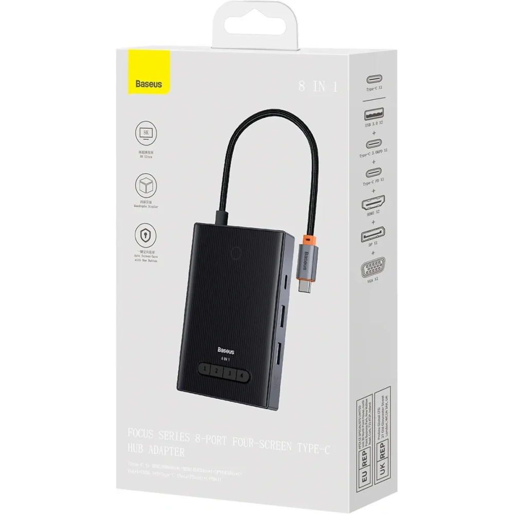 HUB Baseus PioneerJoy USB-C / HDMI 4K@60Hz, HDMI 4K@30Hz, DisplayPort 8K@30Hz, VGA, 2xUSB-A 3.0, 2xUSB-C szary