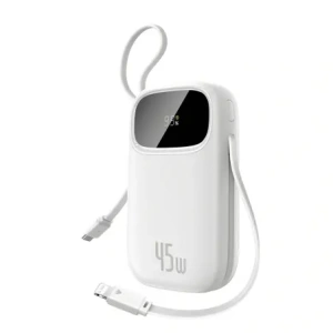 Powerbank Baseus EnerFill FC31 20000mAh 45W z wyświetlaczem cyfrowym i dwoma wbudowanymi kablami USB-C, Lightning biały