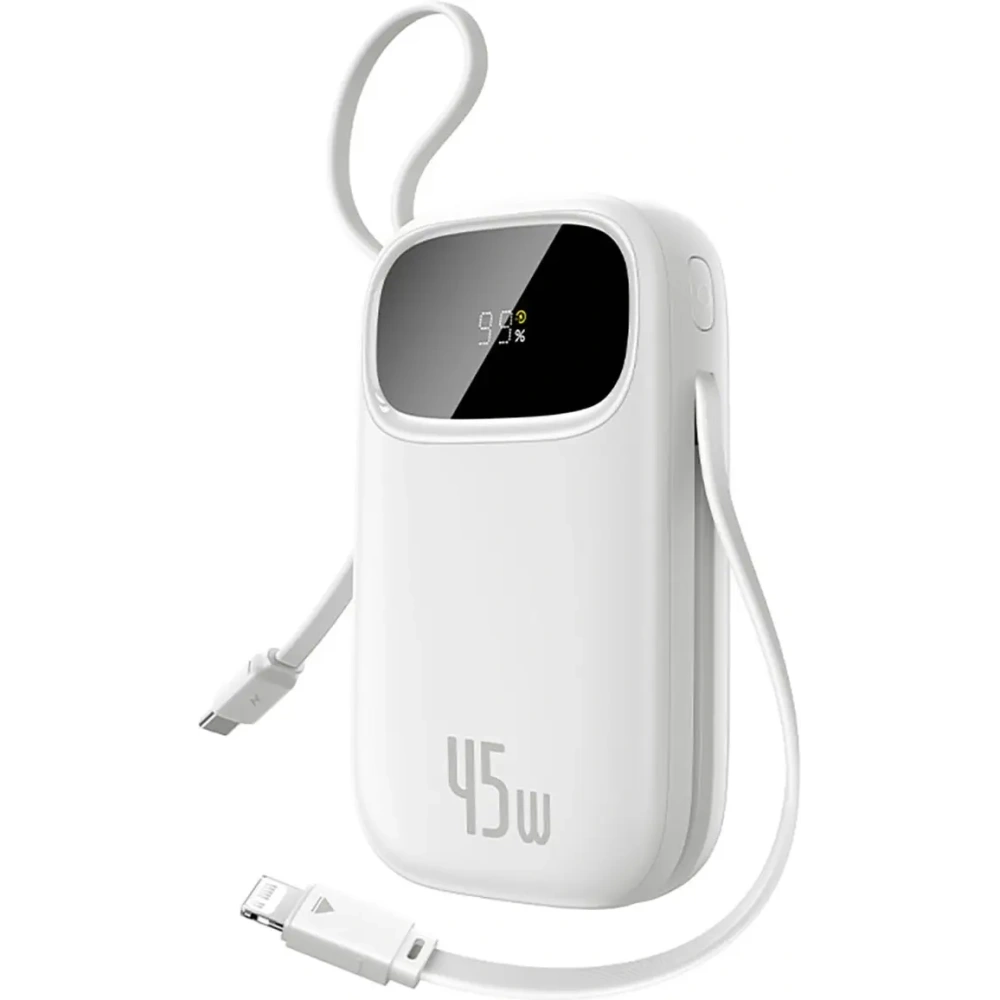 Powerbank Baseus EnerFill FC31 20000mAh 45W z wyświetlaczem cyfrowym i dwoma wbudowanymi kablami USB-C, Lightning biały