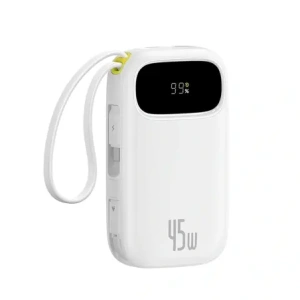 Powerbank Baseus EnerFill FC31 20000mAh 45W z wyświetlaczem cyfrowym i dwoma wbudowanymi kablami USB-C, Lightning biały