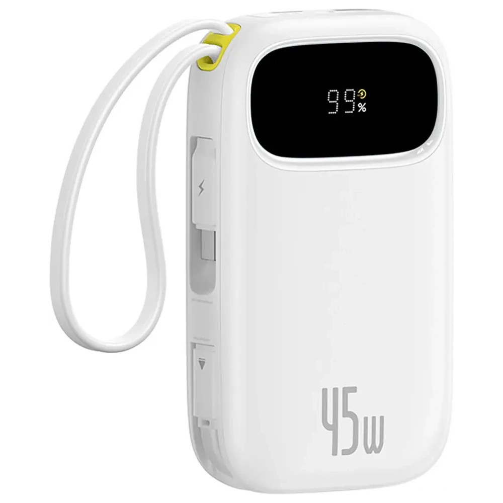 Powerbank Baseus EnerFill FC31 20000mAh 45W z wyświetlaczem cyfrowym i dwoma wbudowanymi kablami USB-C, Lightning biały