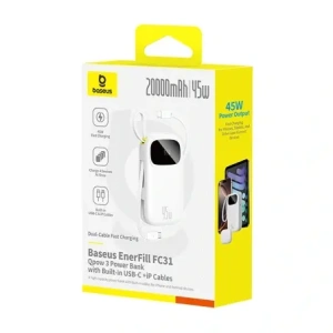 Powerbank Baseus EnerFill FC31 20000mAh 45W z wyświetlaczem cyfrowym i dwoma wbudowanymi kablami USB-C, Lightning biały