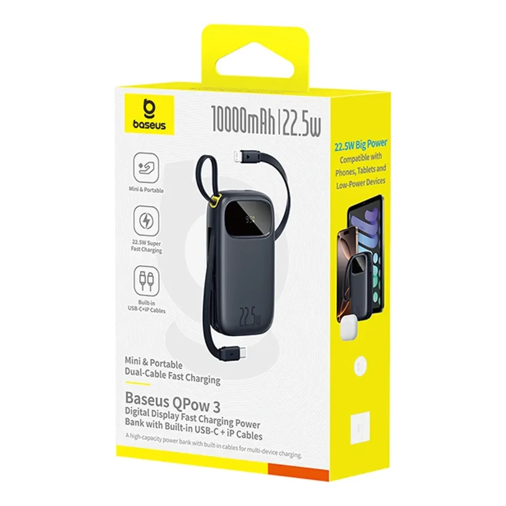 Powerbank Baseus EnerFill FC31 10000mAh 22.5W z wyświetlaczem cyfrowym i dwoma wbudowanymi kablami USB-C, Lightning czarny
