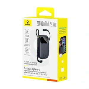 Powerbank Baseus EnerFill FC31 20000mAh 22.5W z wyświetlaczem cyfrowym i dwoma wbudowanymi kablami USB-C, Lightning czarny