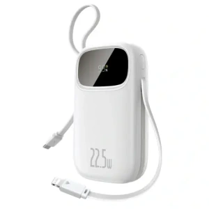 Powerbank Baseus EnerFill FC31 20000mAh 22.5W z wyświetlaczem cyfrowym i dwoma wbudowanymi kablami USB-C, Lightning biały