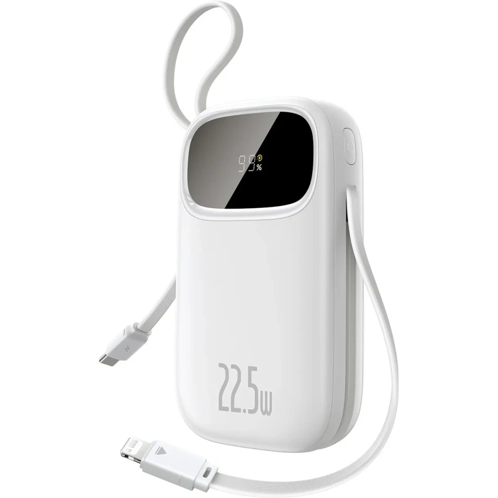 Powerbank Baseus EnerFill FC31 20000mAh 22.5W z wyświetlaczem cyfrowym i dwoma wbudowanymi kablami USB-C, Lightning biały