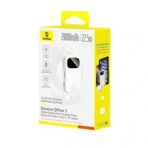Powerbank Baseus EnerFill FC31 20000mAh 22.5W z wyświetlaczem cyfrowym i dwoma wbudowanymi kablami USB-C, Lightning biały