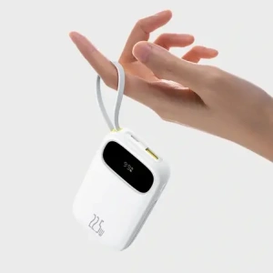 Powerbank Baseus EnerFill FC31 20000mAh 22.5W z wyświetlaczem cyfrowym i dwoma wbudowanymi kablami USB-C, Lightning biały