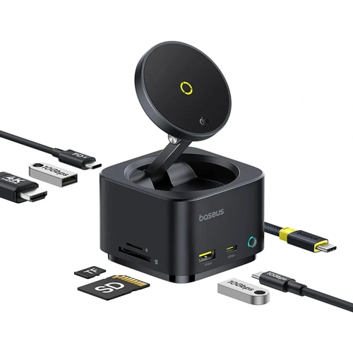 HUB Baseus MagPro Series II USB-C / ładowarka kompatybilna z MagSafe 15W, HDMI, USB-A, USB-C, SD/TF czarny