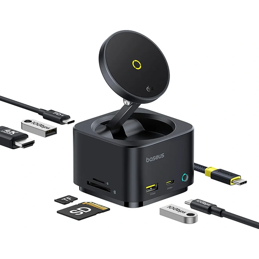 HUB Baseus MagPro Series II USB-C / ładowarka kompatybilna z MagSafe 15W, HDMI, USB-A, USB-C, SD/TF czarny