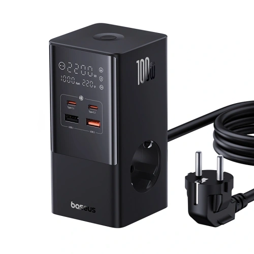 Stacja ładująca Baseus PowerCombo Tower 100W 2xAC, 2xUSB-A + 2x USB-C 1.5m czarna