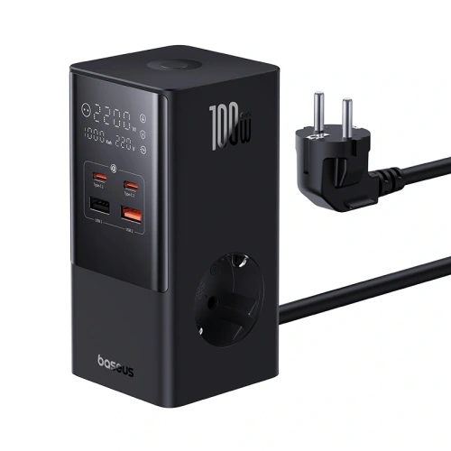 Stacja ładująca Baseus PowerCombo Tower 100W 2xAC, 2xUSB-A + 2x USB-C 1.5m czarna