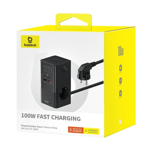Stacja ładująca Baseus PowerCombo Tower 100W 2xAC, 2xUSB-A + 2x USB-C 1.5m czarna