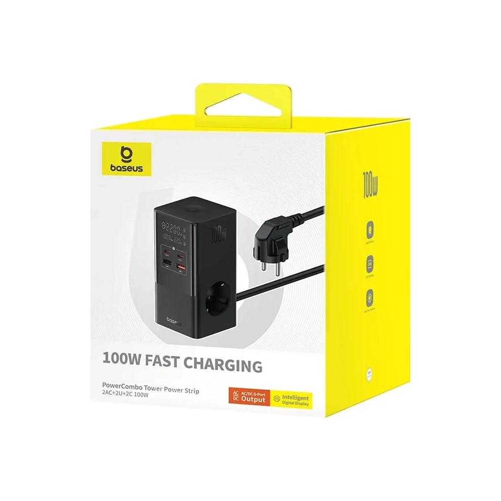 Stacja ładująca Baseus PowerCombo Tower 100W 2xAC, 2xUSB-A + 2x USB-C 1.5m czarna