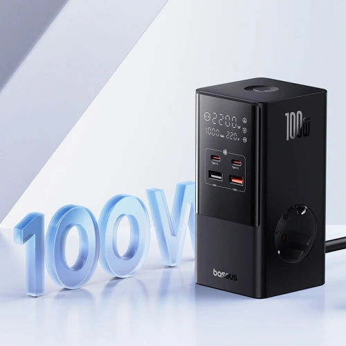 Stacja ładująca Baseus PowerCombo Tower 100W 2xAC, 2xUSB-A + 2x USB-C 1.5m czarna