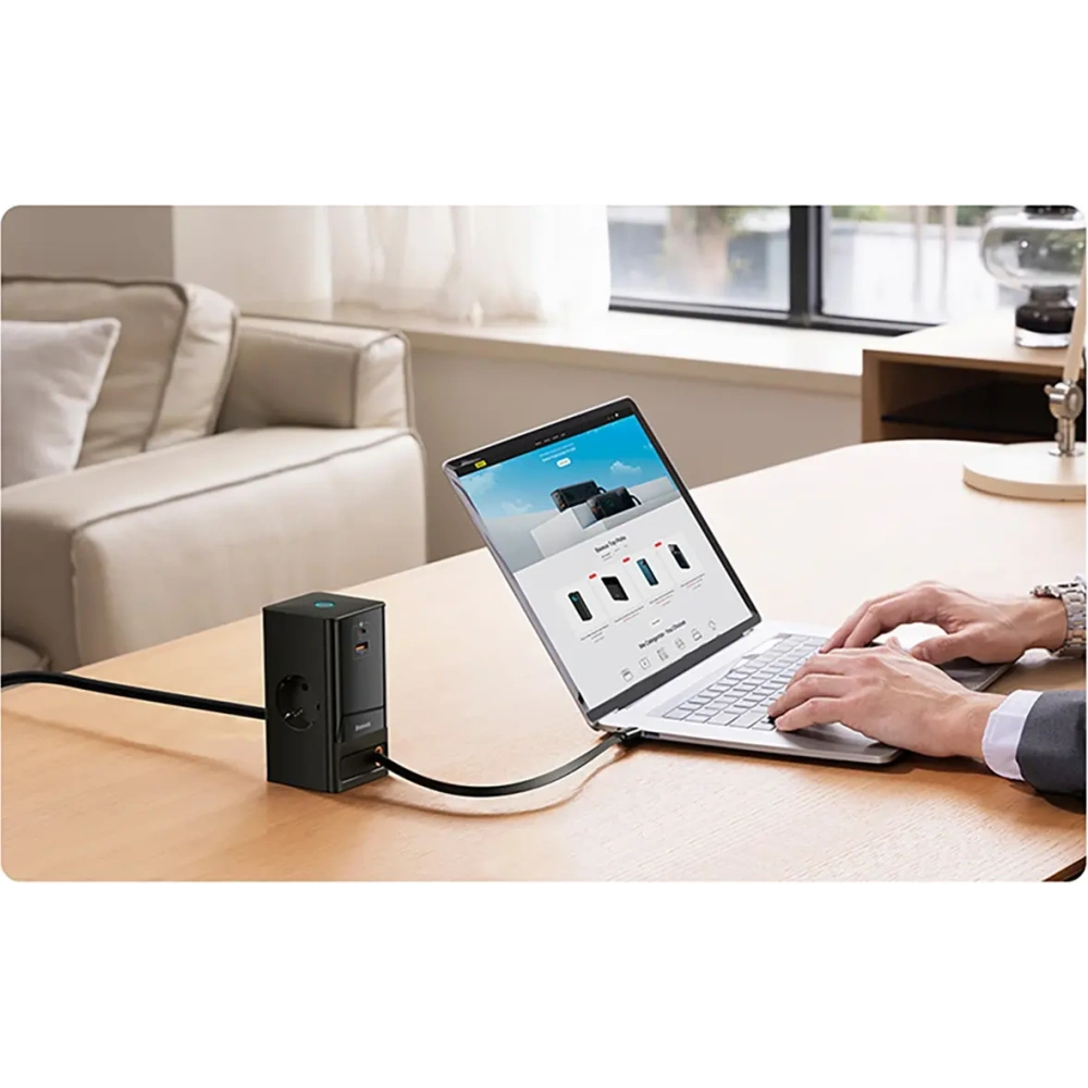 Stacja ładująca Baseus PowerCombo 65W 1.5m 2xAC, USB-A, USB-C + kabel USB-C czarna