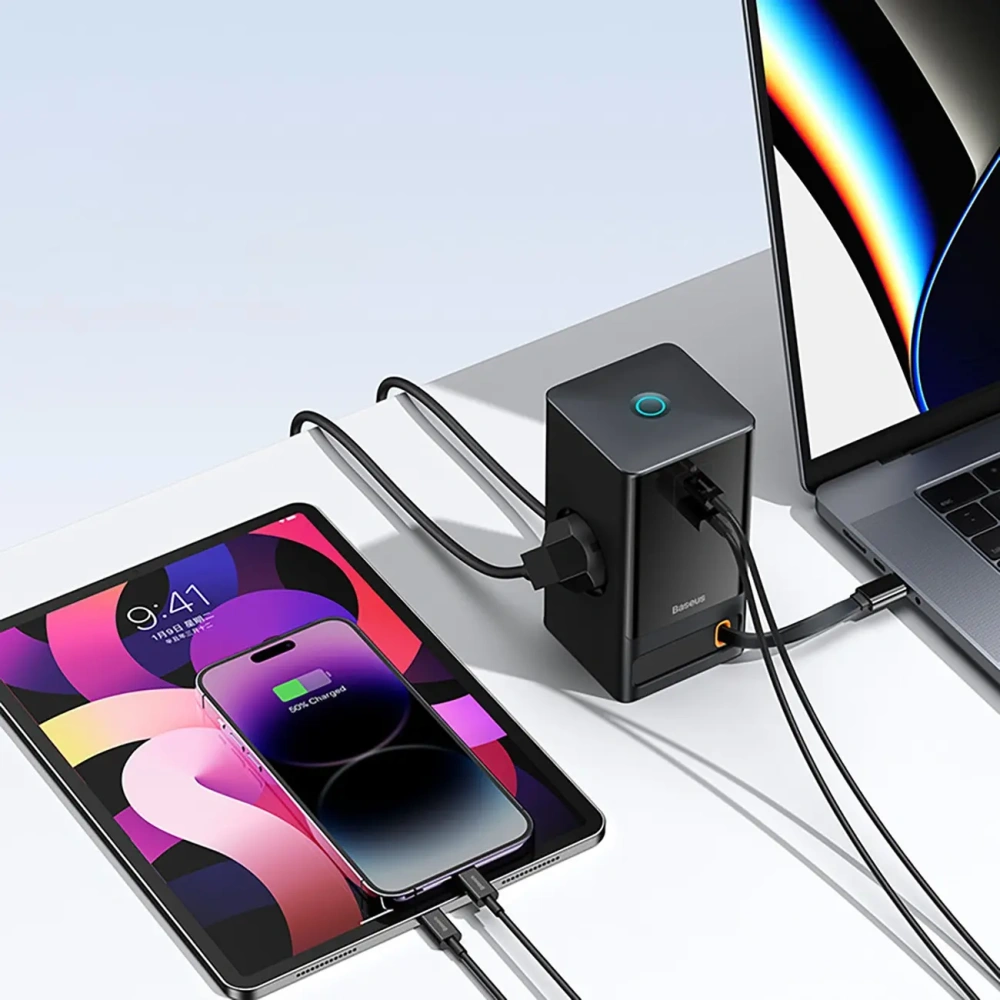 Stacja ładująca Baseus PowerCombo 65W 1.5m 2xAC, USB-A, USB-C + kabel USB-C czarna