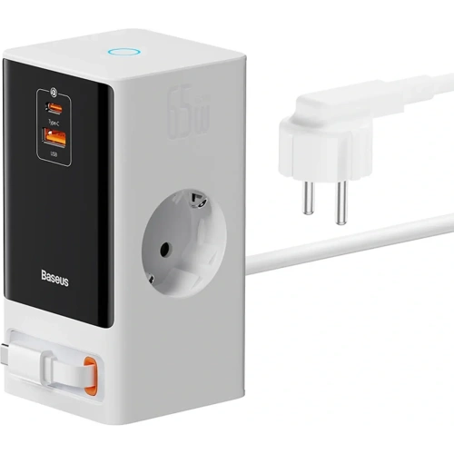 Stacja ładująca Baseus PowerCombo 65W 1.5m 2xAC, USB-A, USB-C + kabel USB-C biała