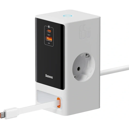 Stacja ładująca Baseus PowerCombo 65W 1.5m 2xAC, USB-A, USB-C + kabel USB-C biała