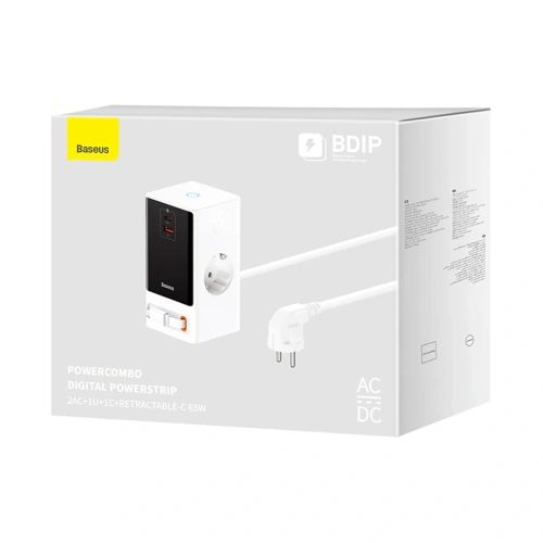 Stacja ładująca Baseus PowerCombo 65W 1.5m 2xAC, USB-A, USB-C + kabel USB-C biała