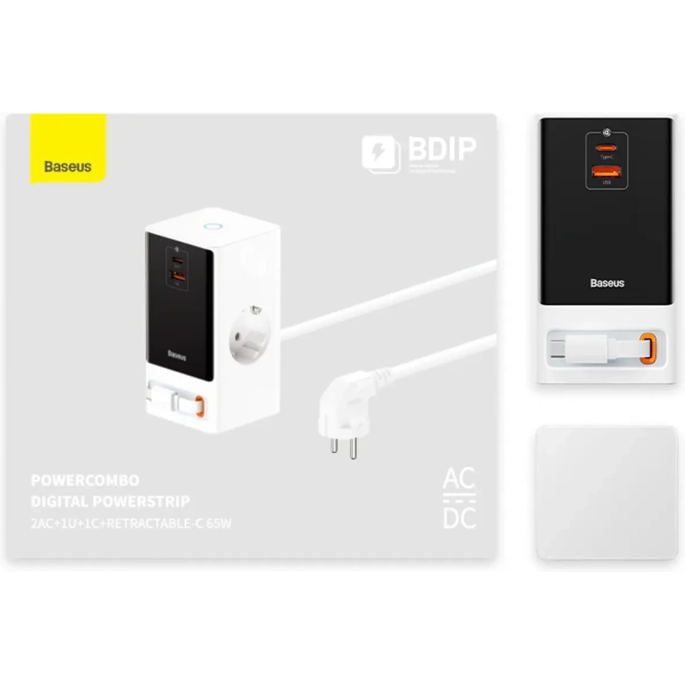 Stacja ładująca Baseus PowerCombo 65W 1.5m 2xAC, USB-A, USB-C + kabel USB-C biała