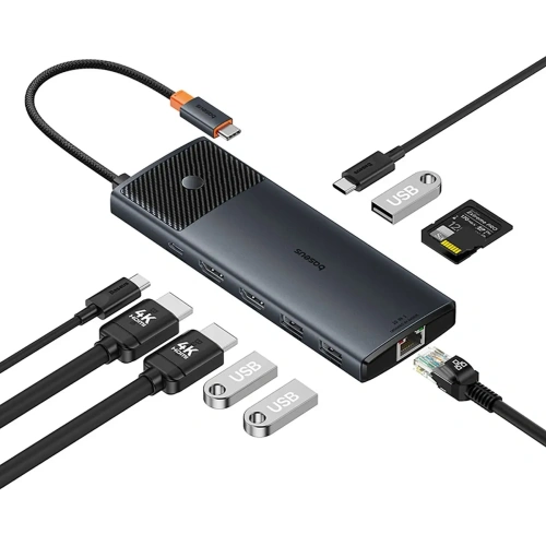 HUB Baseus Metal Gleam II USB-C / HDMI 4K@120Hz, HDMI 4K@60Hz, USB-A 3.2 10Gbps, USB-C 3.2 10Gbps, 2xUSB-A 2.0 480Mbps, USB-C PD 100W, RJ45 1000Mbps, SD/TF szary