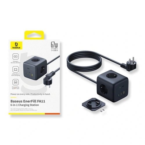 Kostka / listwa zasilająca Baseus EnerFill FA11 AC / USB-A 18W, USB-C 67W, 3xAC 1.5m czarna