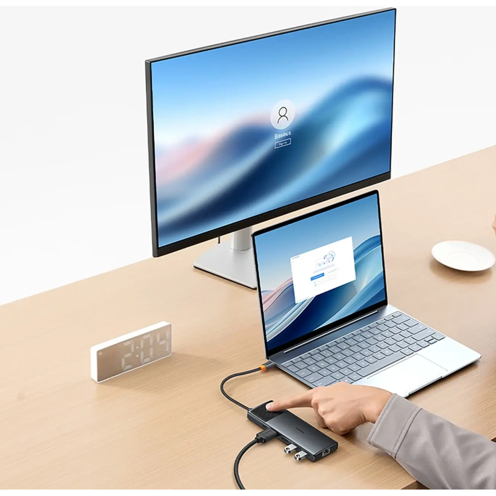 HUB Baseus Metal Gleam II USB-C / HDMI 4K@120Hz, HDMI 4K@60Hz, USB-A 3.2 10Gbps, USB-C 3.2 10Gbps, 2xUSB-A 2.0 480Mbps, USB-C PD 100W, RJ45 1000Mbps, SD/TF szary