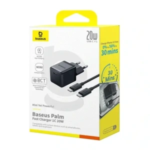 Ładowarka sieciowa Baseus Palm 1C 20W z kablem Baseus Mini White USB-C 60W 20V/3A 1m czarna