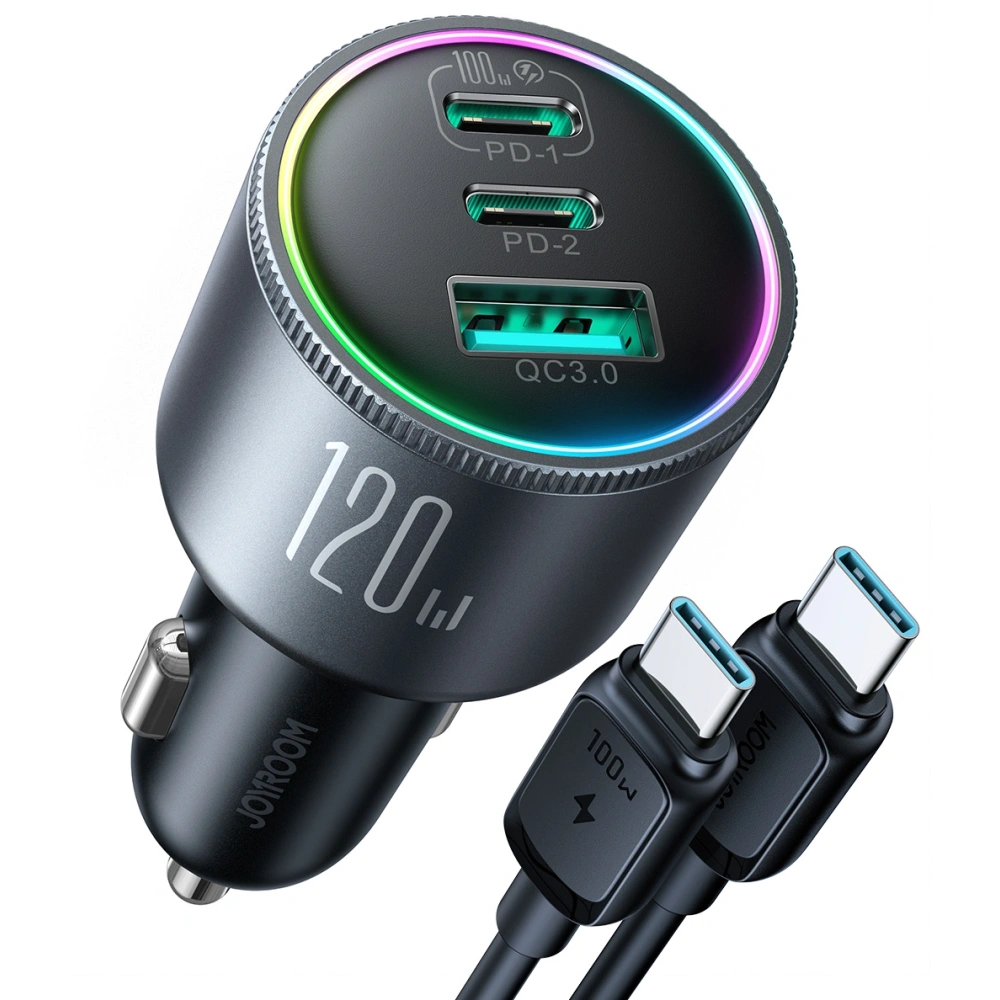 Ładowarka samochodowa Joyroom JR-CCN07 120W 2xUSB-C, USB-A + kabel USB-C 100W ciemnoszara