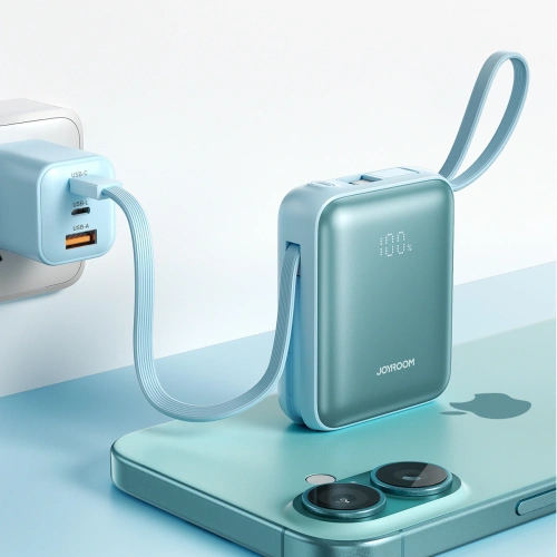 Powerbank Joyroom JR-PBF27 22.5W 10000mAh z wbudowanymi kablami USB-C, Lightning niebieski
