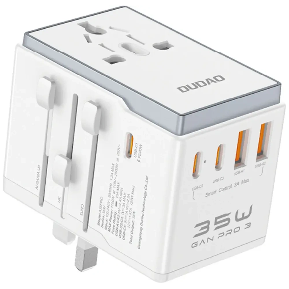 Adapter podróżny Dudao A35 Pro 35W EU / UK / AUS / US / JP 3x USB-C 2x USB-A biały