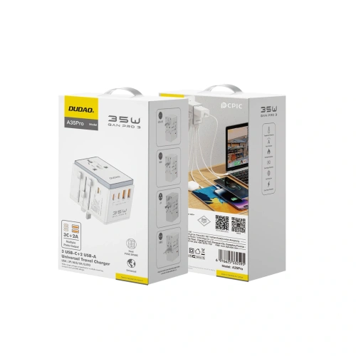 Adapter podróżny Dudao A35 Pro 35W EU / UK / AUS / US / JP 3x USB-C 2x USB-A biały