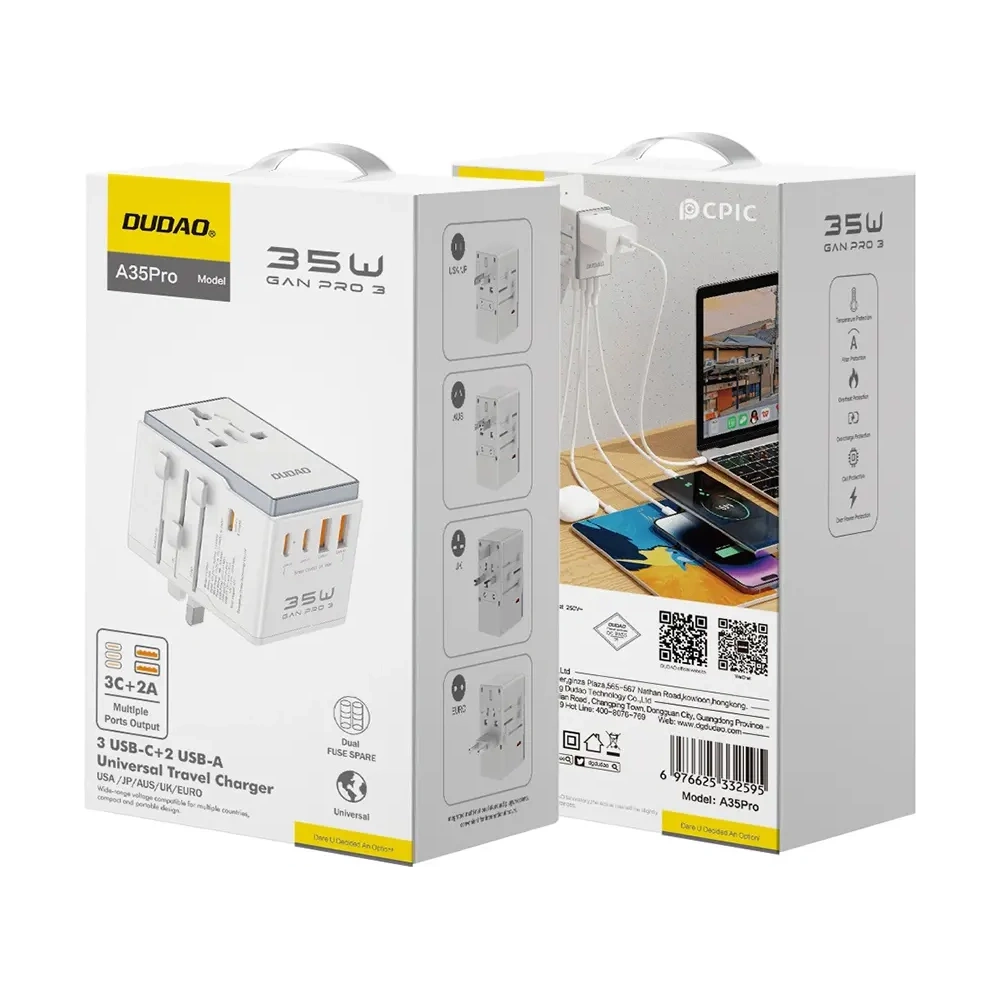 Adapter podróżny Dudao A35 Pro 35W EU / UK / AUS / US / JP 3x USB-C 2x USB-A biały