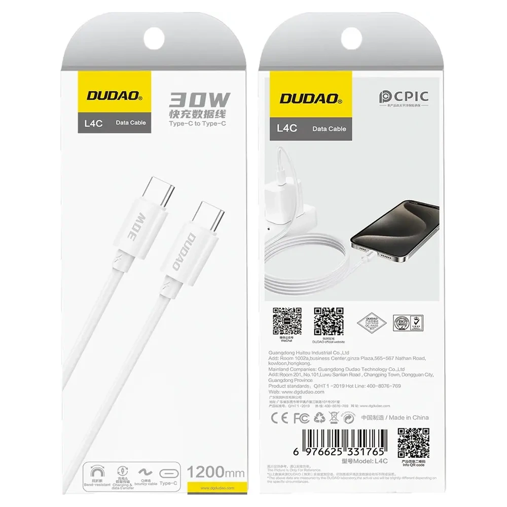 Kabel Dudao L4C USB-C / USB-C 30W 1.2m biały