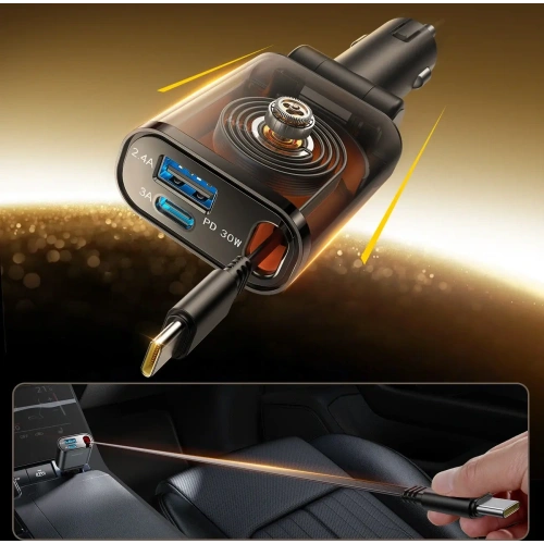 Ładowarka samochodowa Joyroom JR-CCL07 3w1 z wbudowanym kablem USB-C ciemnoszara