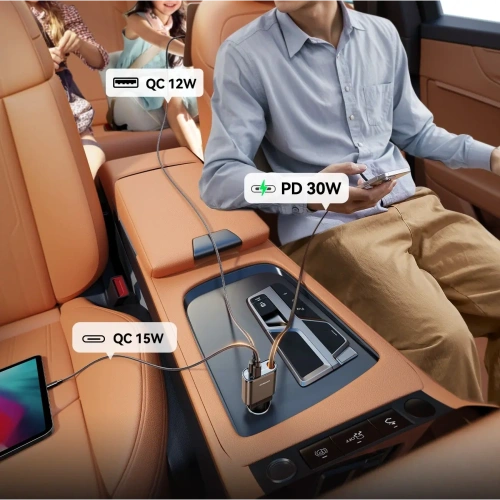 Ładowarka samochodowa Joyroom JR-CCL07 3w1 z wbudowanym kablem USB-C ciemnoszara