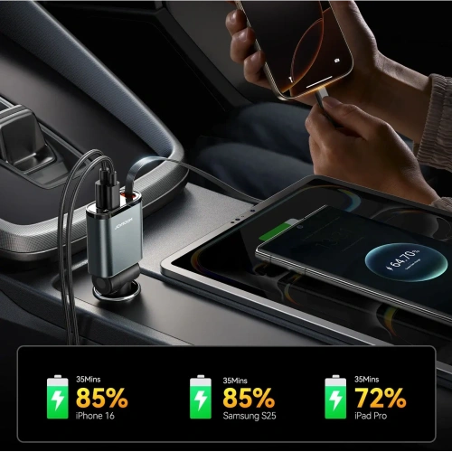 Ładowarka samochodowa Joyroom JR-CCL07 3w1 z wbudowanym kablem USB-C ciemnoszara