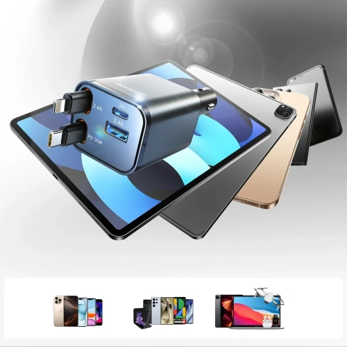 Ładowarka samochodowa Joyroom JR-CCL05 30W 4w1 z wbudowanymi kablami USB-C, Lightning ciemnoszara