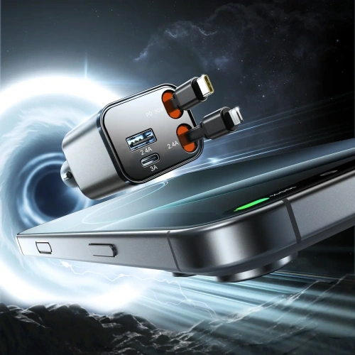 Ładowarka samochodowa Joyroom JR-CCL05 30W 4w1 z wbudowanymi kablami USB-C, Lightning ciemnoszara