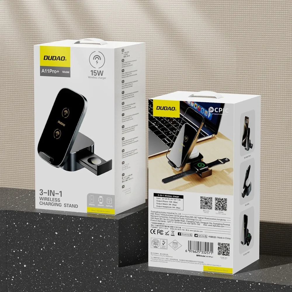 Ładowarka bezprzewodowa Dudao A11Pro+ 15W 3w1 do telefonu / smartwatcha / słuchawek czarna