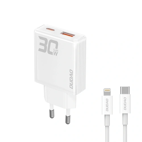 Ładowarka sieciowa GaN Dudao A30EUL 30W USB-A, USB-C + kabel USB-C / Lightning biała