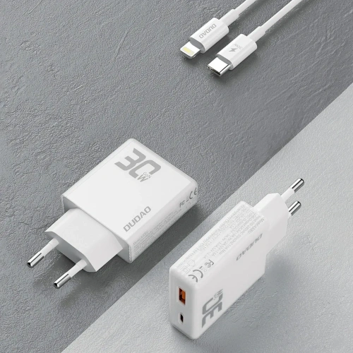 Ładowarka sieciowa GaN Dudao A30EUL 30W USB-A, USB-C + kabel USB-C / Lightning biała