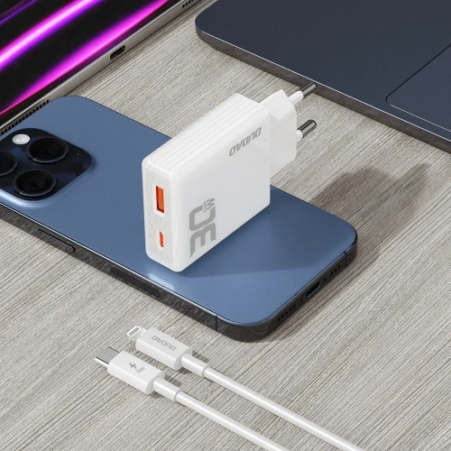 Ładowarka sieciowa GaN Dudao A30EUL 30W USB-A, USB-C + kabel USB-C / Lightning biała