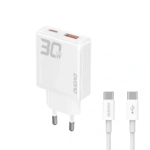 Ładowarka sieciowa GaN Dudao A30EUT 30W USB-A, USB-C + kabel USB-C / USB-C biała