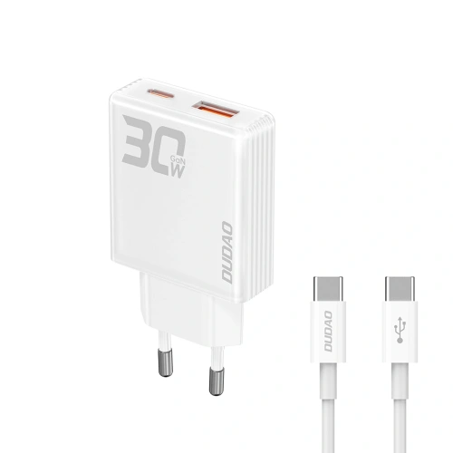 Ładowarka sieciowa GaN Dudao A30EUT 30W USB-A, USB-C + kabel USB-C / USB-C biała