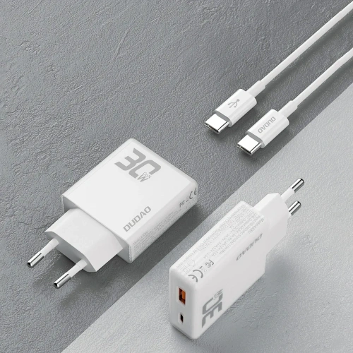 Ładowarka sieciowa GaN Dudao A30EUT 30W USB-A, USB-C + kabel USB-C / USB-C biała