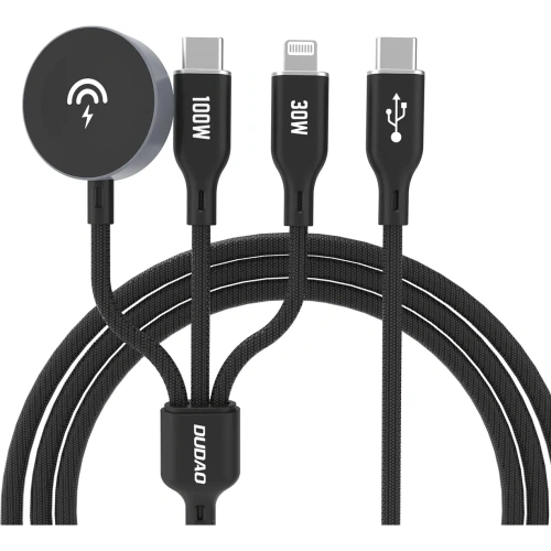 Kabel Dudao A12Max+ USB-C / USB-C PD 100W, Lightning PD 30W, ładowarka do Apple Watch 2.5W 1.2m czarny