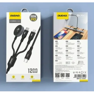 Kabel Dudao A12Max+ USB-C / USB-C PD 100W, Lightning PD 30W, ładowarka do Apple Watch 2.5W 1.2m czarny
